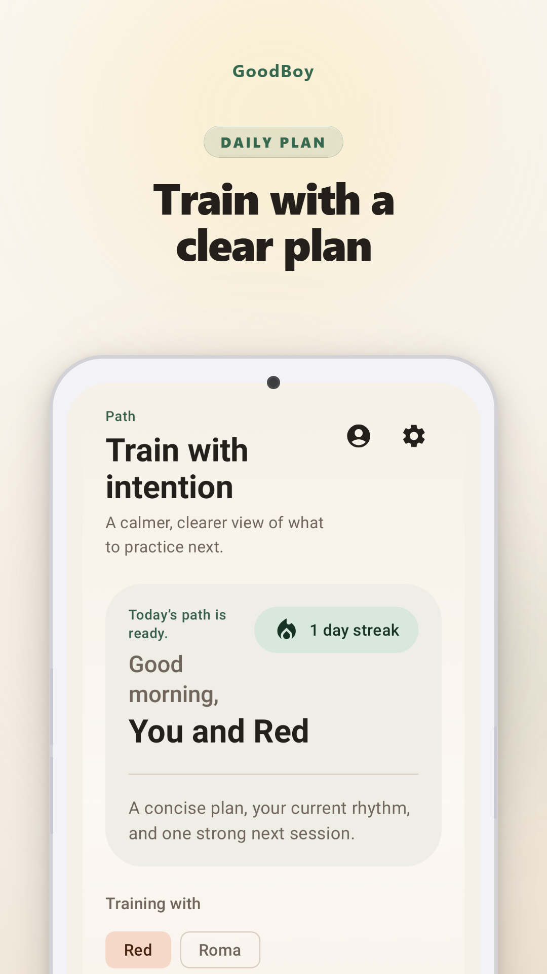GoodBoy Daily Path showing a dog training plan and current streak