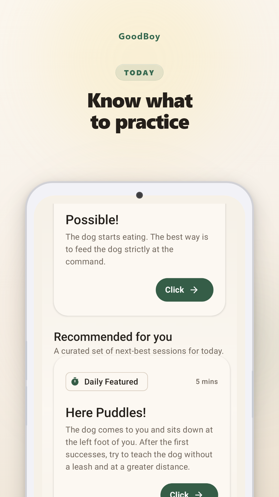 GoodBoy screen showing recommended dog training sessions for today