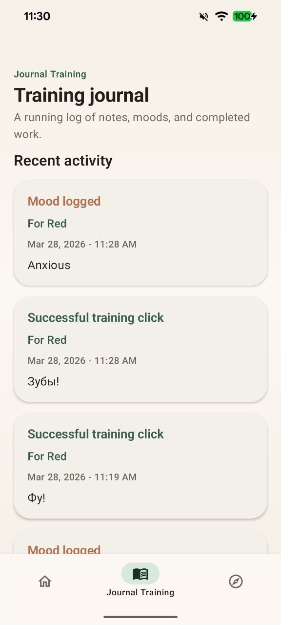 GoodBoy training journal screen showing notes, moods, and recent activity