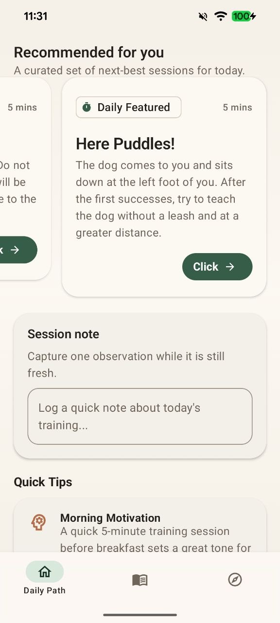 GoodBoy Daily Path screen showing recommended next training sessions