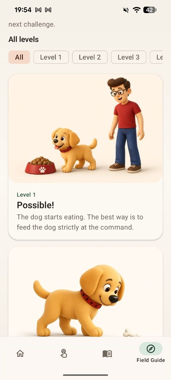 GoodBoy skill library screen with browseable training lessons
